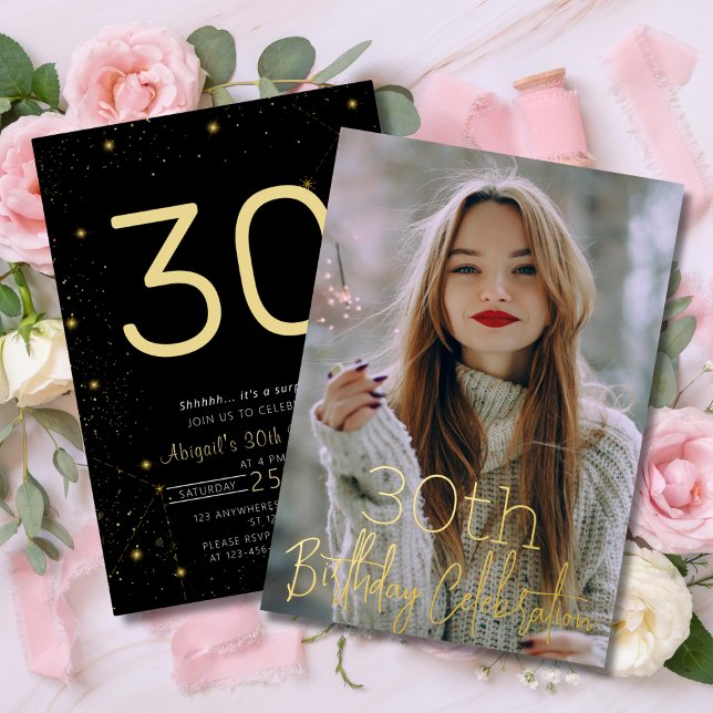 Galaxy Elegant Photo Black Gold Birthday Party Foil Invitation (Galaxy Elegant Photo Black Gold Birthday Party Foil Invitation )