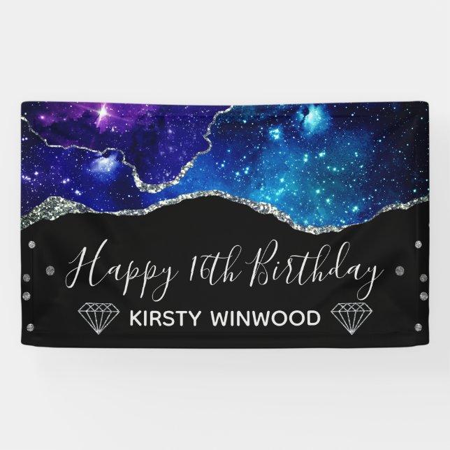 Galaxy & Faux Silver Glitter Agate Sweet 16 Banner (Horizontal)