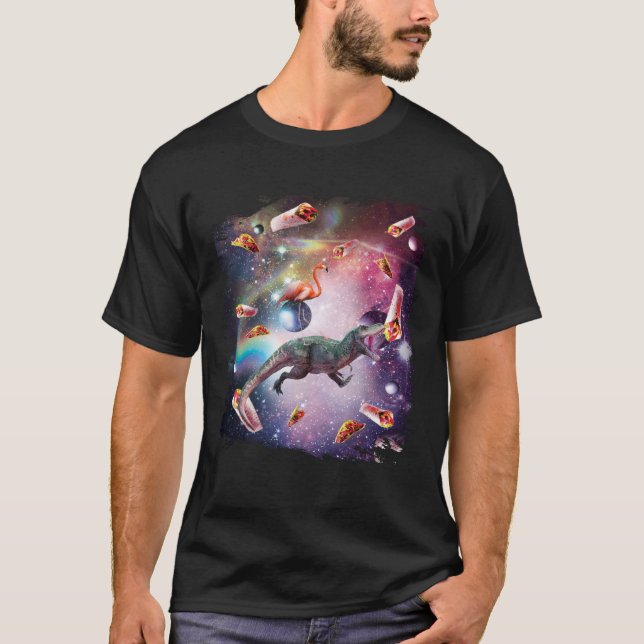 Galaxy Flamingo Riding Dinosaur In Space  Rainbow T-Shirt (Front)