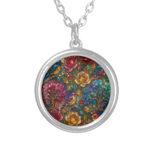 Galaxy Floral Birds Pattern Silver Plated Necklace