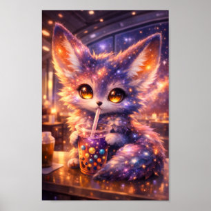 Galaxy Fox Drinking Boba Tea Cute Space Animal Poster