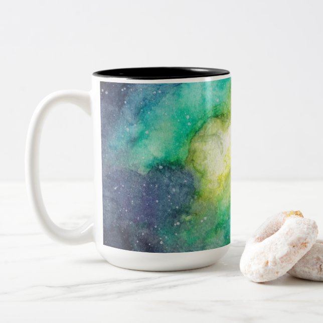 Galaxy fushia green blue watercolor Two-Tone coffee mug (With Donut)