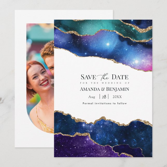 Galaxy Geode Marble Faux Glitter Celestial Weddin Save The Date (Front/Back)