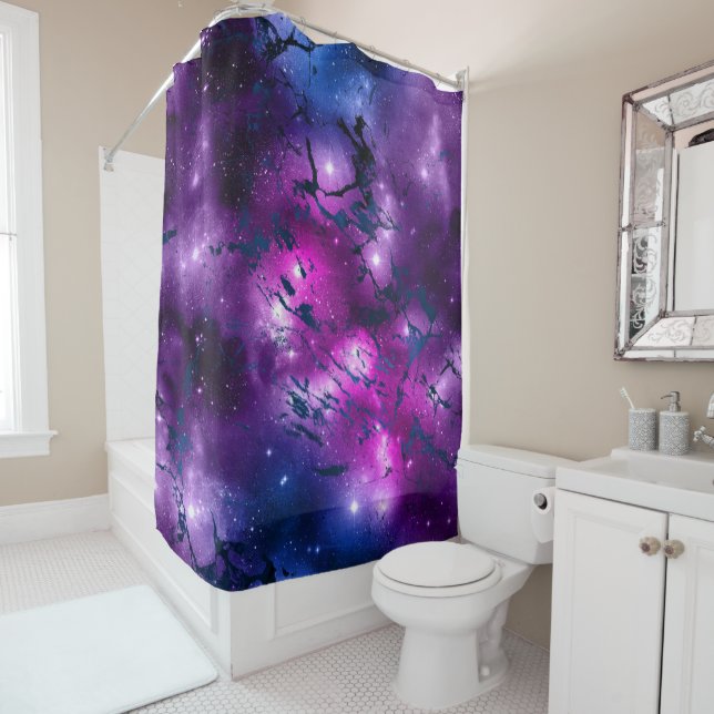 Galaxy Glow | Cosmic Blue Purple and Pink Marble Shower Curtain (In Situ)