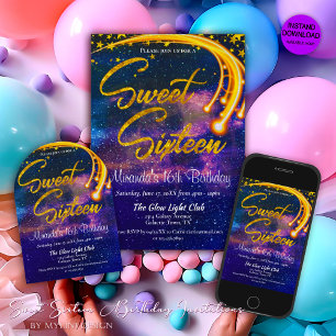 Galaxy Glow Light Sweet Sixteen Birthday Party Invitation