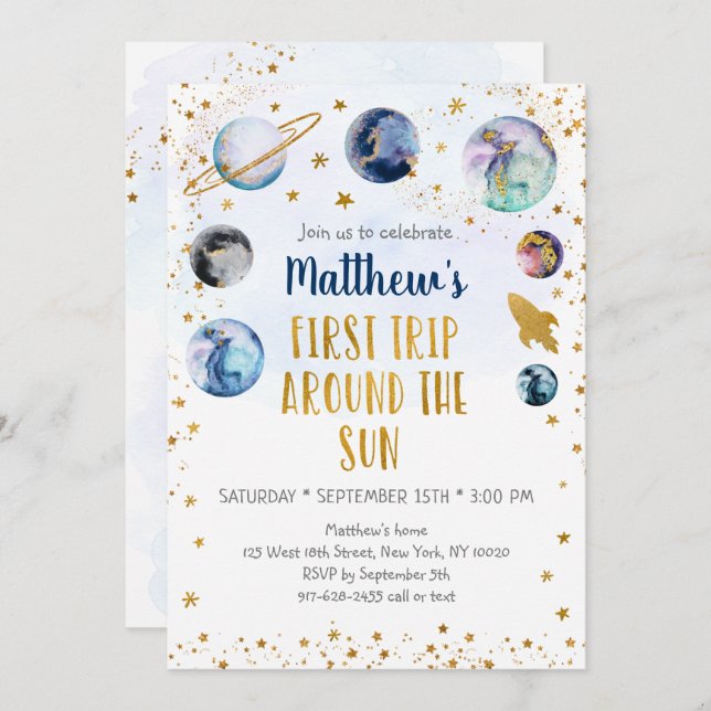 Galaxy Gold First Trip Around The Sun Birthday Invitation (Front/Back)