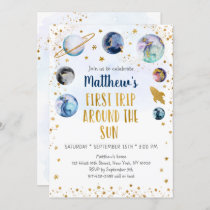 Galaxy Gold First Trip Around The Sun Birthday Invitation