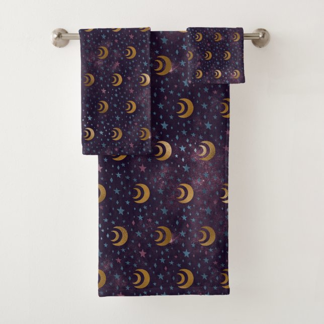 Galaxy Gold Moon Phases Stars Night Sky Bath Towel Set (Insitu)