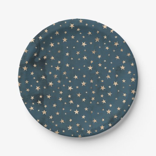 Galaxy Gold Stars Pattern Blue Paper Plate