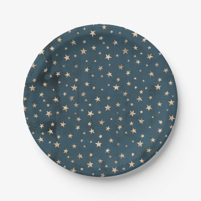 Galaxy Gold Stars Pattern Blue Paper Plate (Front)
