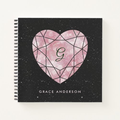 Galaxy Heart  Blush and Black Geometric Monogram Notebook