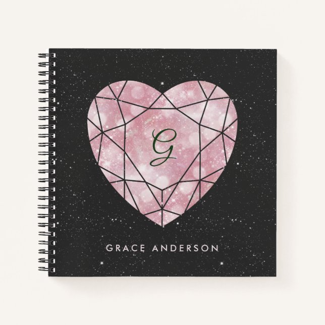 Galaxy Heart | Blush and Black Geometric Monogram Notebook (Front)