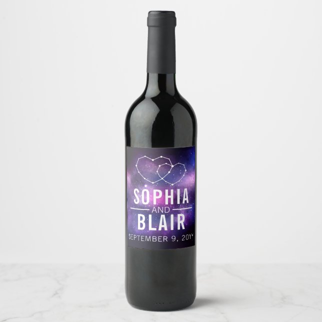 Galaxy Hearts Constellation Wedding Personalized Wine Label (Front)