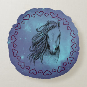 Galaxy Horse & Hearts Round Pillow