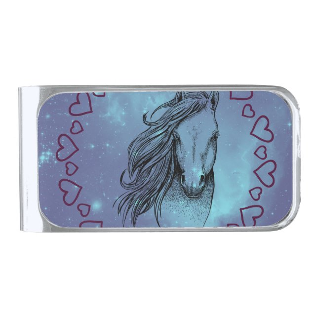 Galaxy Horse & Hearts Silver Finish Money Clip (Front)
