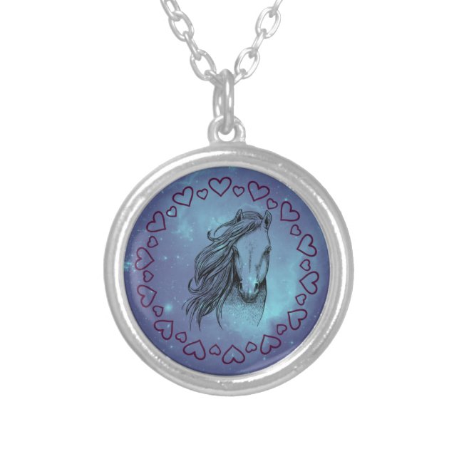 Galaxy Horse & Hearts Silver Plated Necklace (Front)