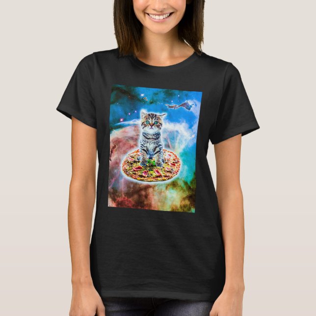 Galaxy Kitty Cat Riding Pizza In Space T-Shirt (Front)
