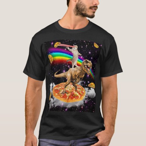 Galaxy Laser Cat on Dinosaur on Pizza with Tacos  T_Shirt