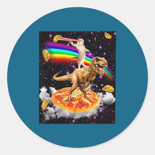 Galaxy Laser Cat On Dinosaur On Zza With Tacos &am Classic Round Sticker (Front)