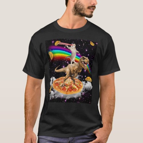 Galaxy Laser Eye Cat on Dinosaur on Pizza with Tac T_Shirt