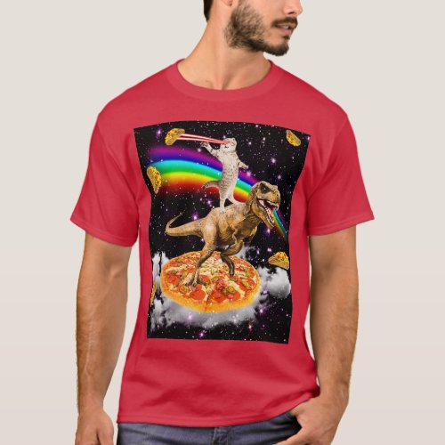 Galaxy Laser Eye Cat on Dinosaur on Pizza with Tac T_Shirt