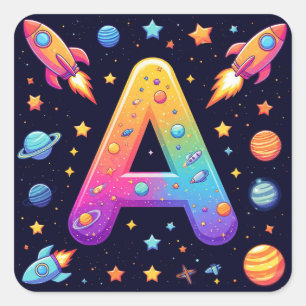 🪐 Galaxy Letter A Rockets Planets Stars Kids 🪐 Square Sticker
