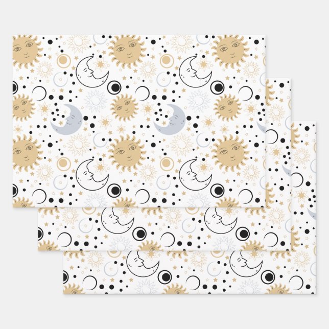 Galaxy Lover Starry Sky Sun Half Moon Sketch Style Wrapping Paper Sheets (Set)