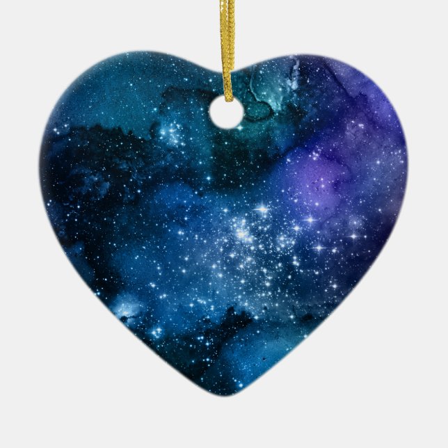 Galaxy Lovers Starry Space Blue Sky White Sparkles Ceramic Ornament (Front)