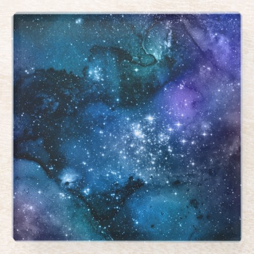 Galaxy Lovers Starry Space Blue Sky White Sparkles Glass Coaster