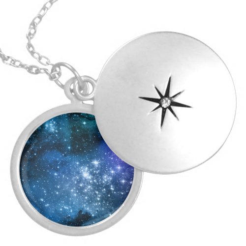 Galaxy Lovers Starry Space Blue Sky White Sparkles Locket Necklace