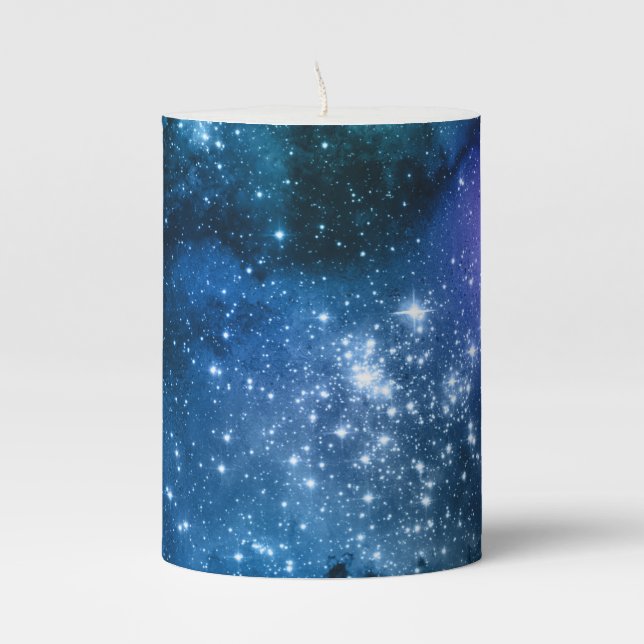 Galaxy Lovers Starry Space Blue Sky White Sparkles Pillar Candle (Front)