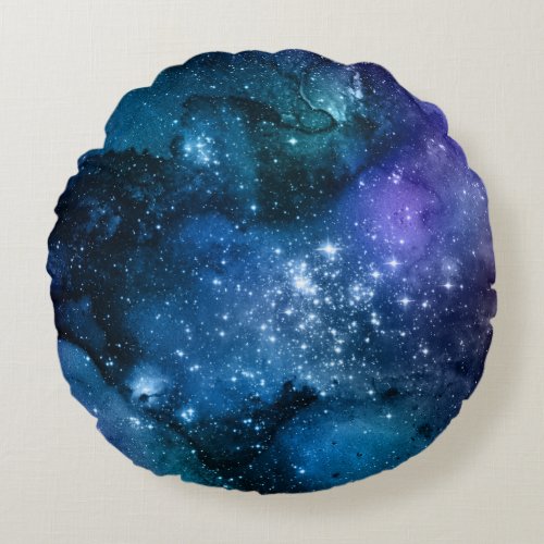 Galaxy Lovers Starry Space Blue Sky White Sparkles Round Pillow