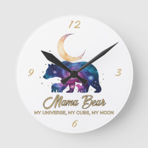 Galaxy Mama Bear & Cubs Moon Silhouette Round Clock