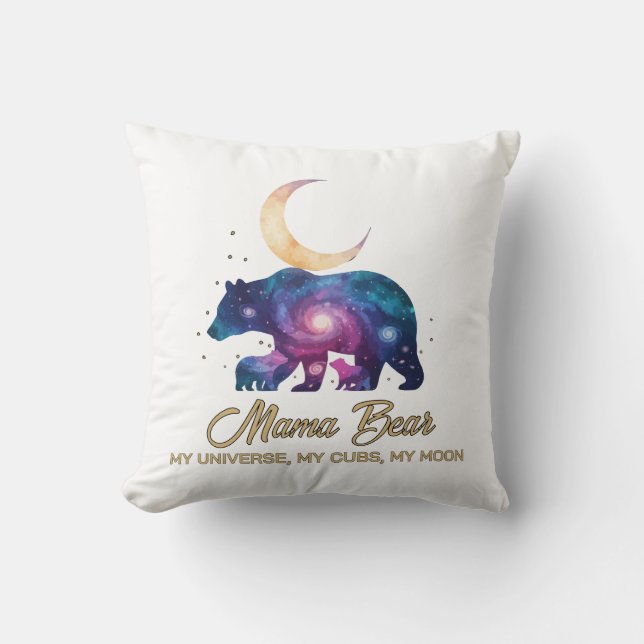 Galaxy Mama Bear & Cubs Moon Silhouette Throw Pillow (Front)