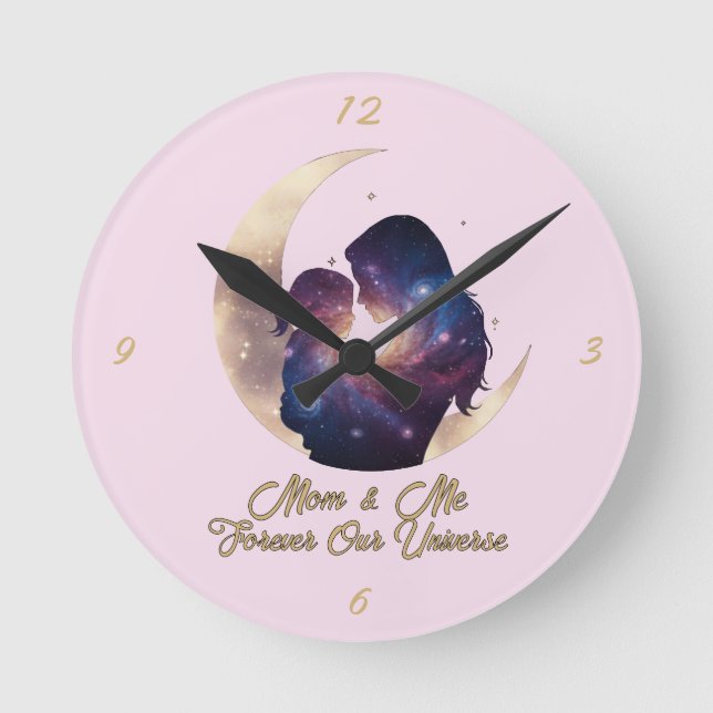 Galaxy Mama & Child Silhouette Moon Art Round Clock (Front)