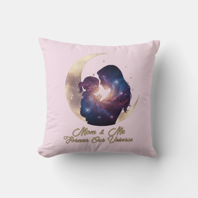 Galaxy Mama & Child Silhouette Moon Art Throw Pillow (Front)