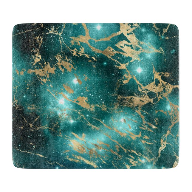 Galaxy Marble Green Black Starry Night Kitchen Cutting Board (Front)