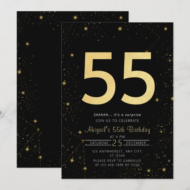 Galaxy Modern Black and Gold 55th Birthday Party Invitation (Front/Back)