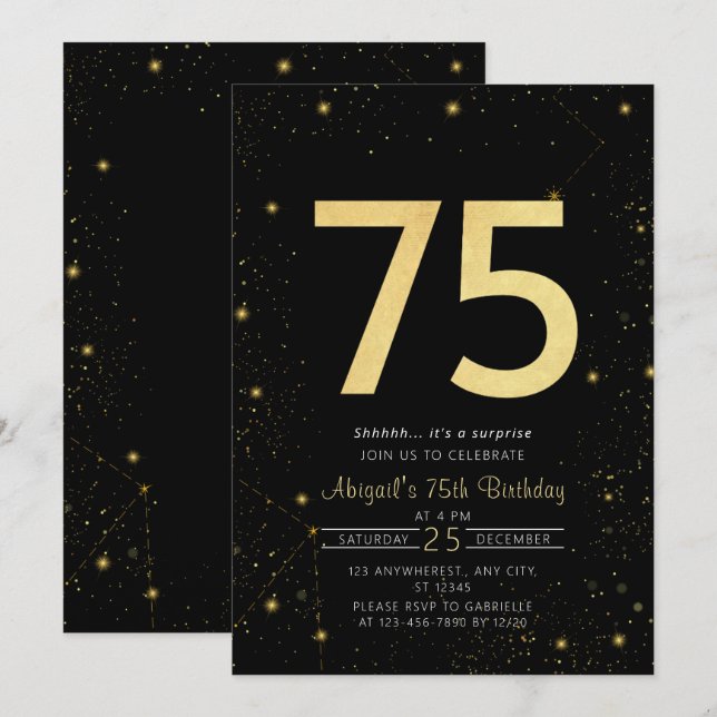 Galaxy Modern Black and Gold 75th Birthday Party Invitation (Front/Back)