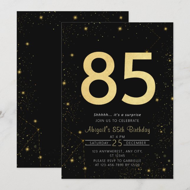 Galaxy Modern Black and Gold 85th Birthday Party Invitation (Front/Back)