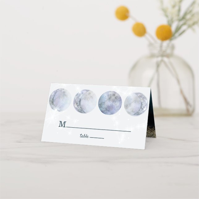 Galaxy Moon Blue Gold Stars Wedding Place Card (Front)