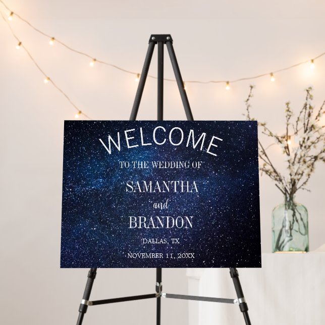 Galaxy Navy Blue Stars Sky Wedding Welcome Sign  (In Situ (Stand))