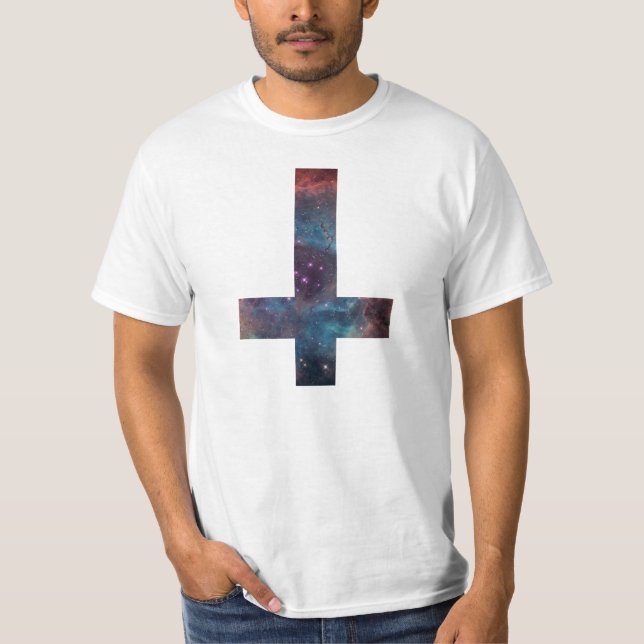 Galaxy nebula upside down cross T-Shirt (Front)
