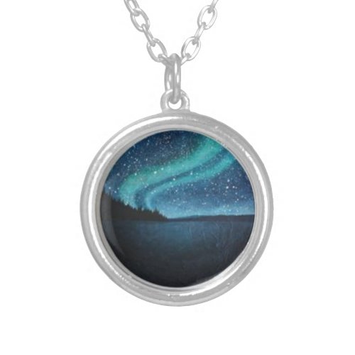 Galaxy NecklaceBlue Stars Galactic Cosmic Moon Silver Plated Necklace