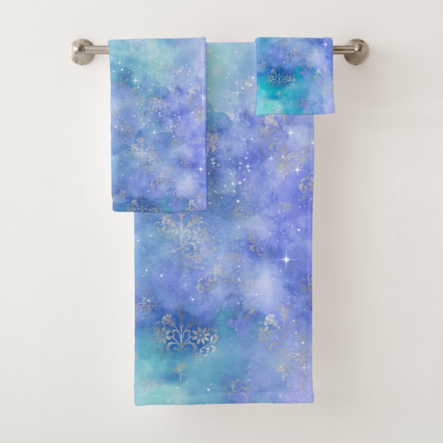 Galaxy Night Sky Abstract Purple Blue  Bath Towel Set (Insitu)