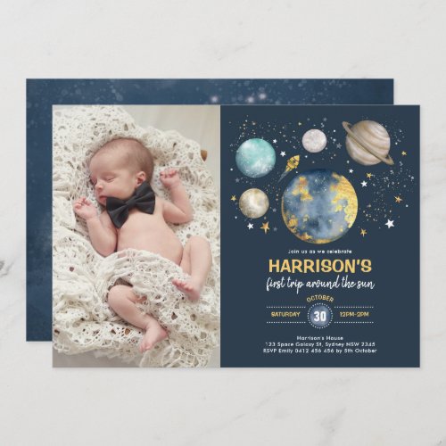 Galaxy Outer Space Moon Stars 1st Birthday Photo Invitation
