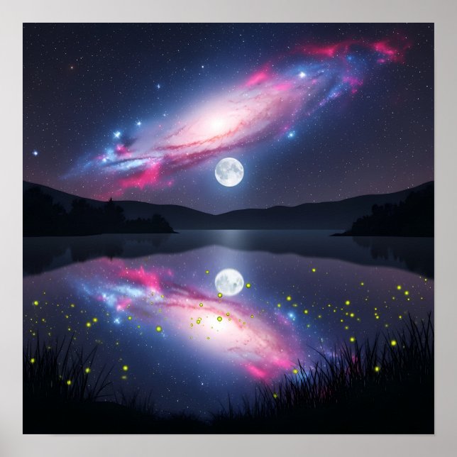 Galaxy Over Moonlit Lake with Cosmic Reflection Poster (Front)