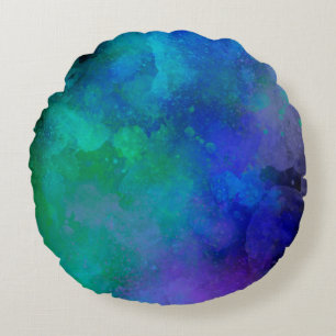 Galaxy Paint Splatter effect Green Blue Round Pillow