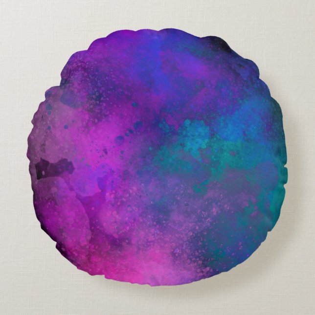 Galaxy Paint Splatter effect pink blue green  Round Pillow (Front)