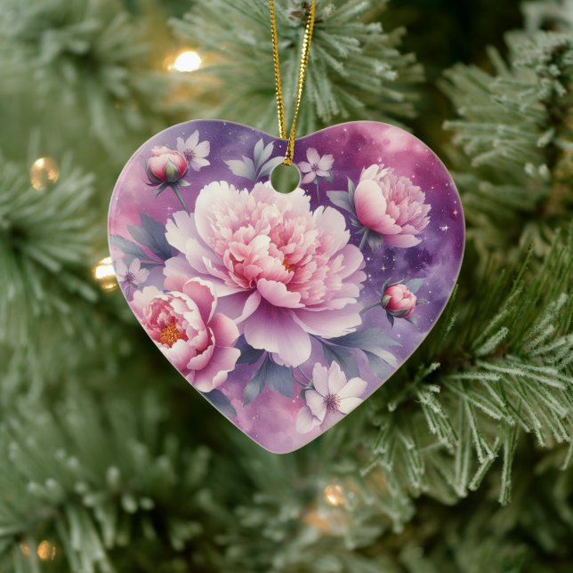 Galaxy Peony Heart Ceramic Ornament (Tree)
